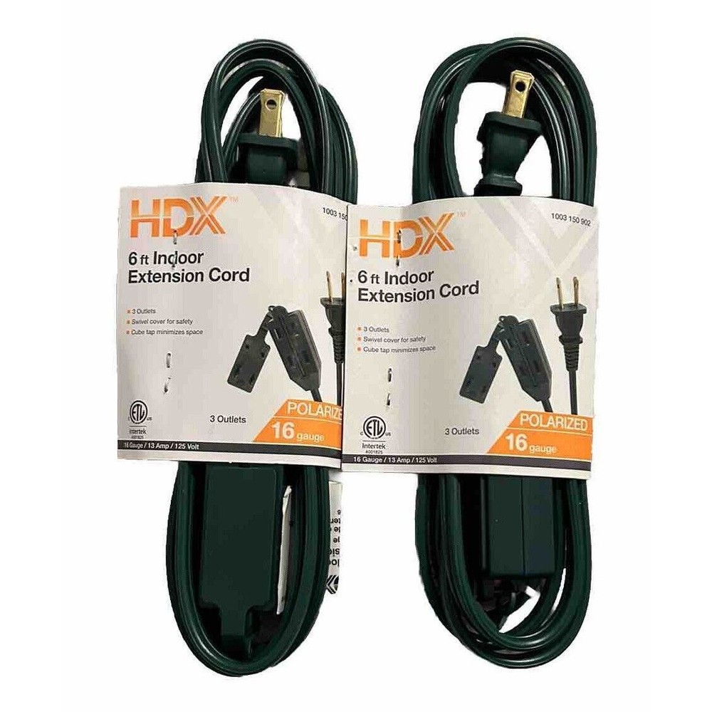 NEW!! 2 PACK!! 6 ft Extension Cord-Indoor HDX- Green-16 Gauge-Two Prong-3 Plug